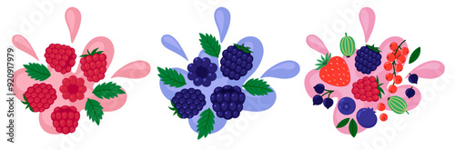 Berries set on abstract background. Raspberry, blackberry and other berry taste. Fresh summer juicy berry. Flat Vector illustration