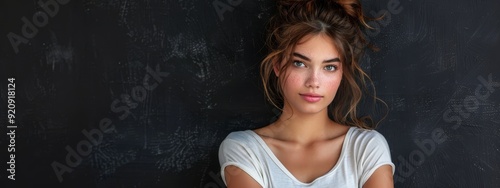  A woman stands before a black wall, her messy topknot atop unbrushed hair gathered into a bun photo