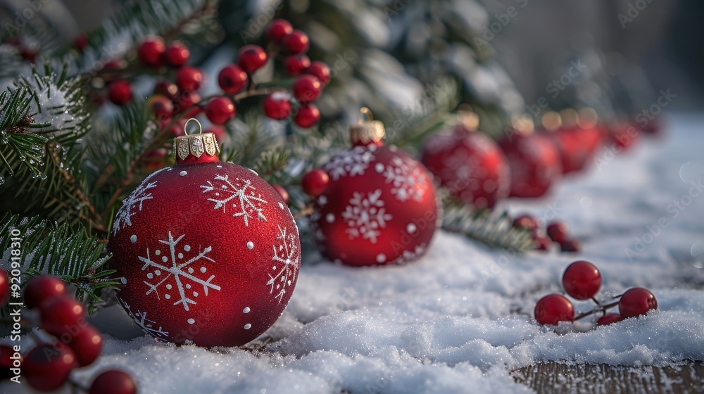 Red Christmas Ornaments with Snowflakes and Holly Berries on Snow Red Christmas Ornaments with Snowflakes and Holly Berries on Snow