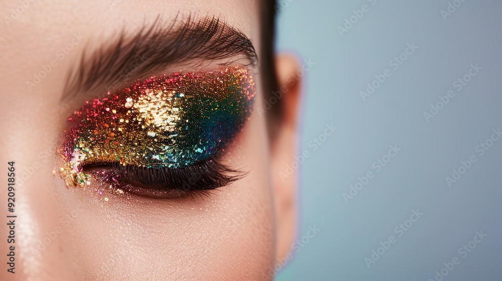 Fototapeta premium Glamourous Young Woman with Sparkling Glitter Eyeshadow and Creative Makeup for Party Look