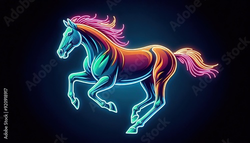 Neon galloping horse with flowing mane Retro futuristic style Dark background Synthwave aesthetic Digital art Dynamic animal design