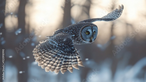 Focus Photo of a Boreal Owl Flying in Snowy Area