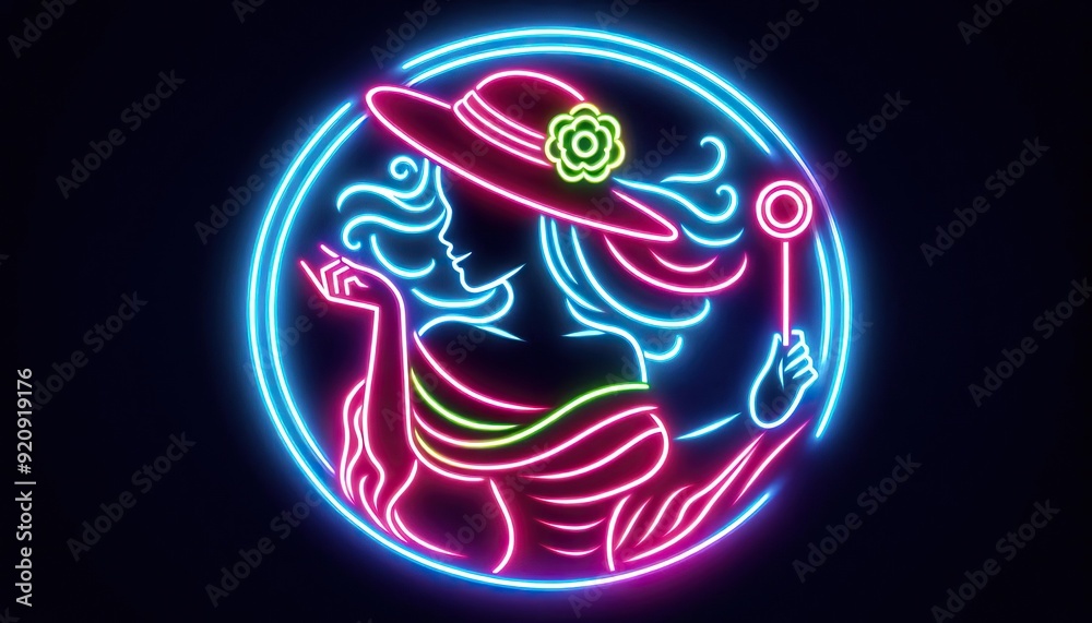 Neon female profile in circular frame Retro futuristic style Dark background Synthwave aesthetic Digital art Portrait design Flowing hair Neon female profile in circular frame Retro futuristic style Dark background Synthwave aesthetic Digital art Portrait design Flowing hair