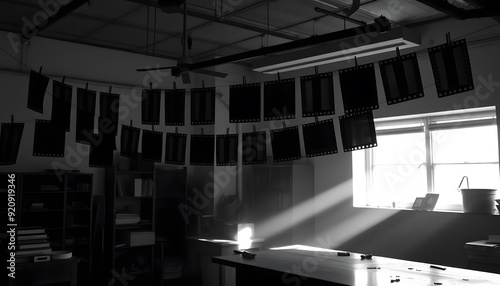 A black-and-white photo of a darkroom with film negatives hanging to dry