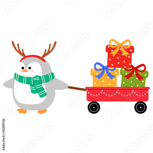 cute penguin is wearing reindeer handband and green scarf, carry a red, yellow and green gift with red cart illustration 