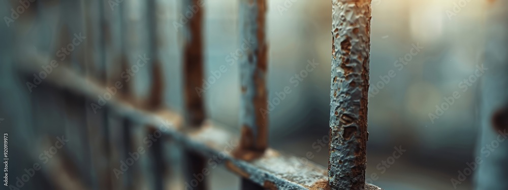  A tight shot of a weathered metal fence, with sunlight illuminating its upper section