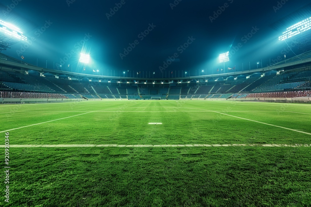 A vast sports field under floodlights, prepared for soccer, football, or rugby matches, with empty