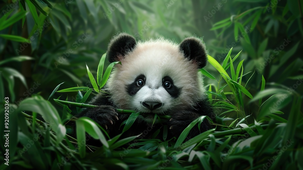 Naklejka premium Adorable Baby Panda Enjoying Bamboo Feast in Lush Green Jungle Ambience