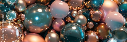 Wallpaper Mural A 3D render of abstract spheres solids in gold, pink, and teal, creating a visually striking modern Torontodigital.ca