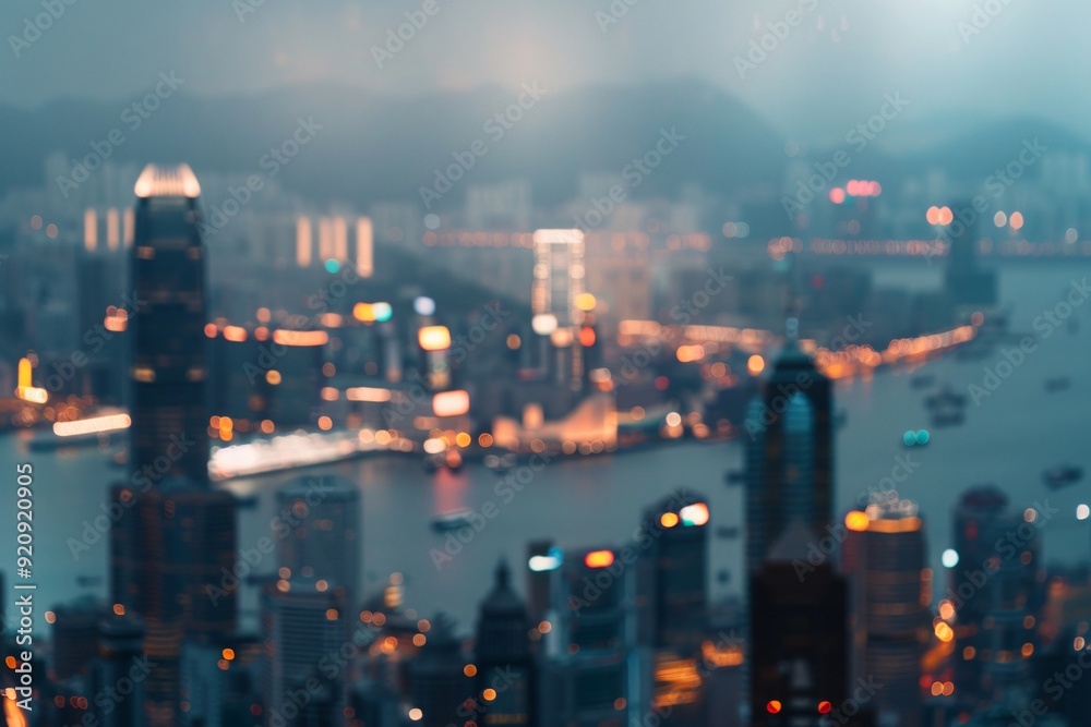 Blurred cityscape with cool tones, defocused lights and urban elements 