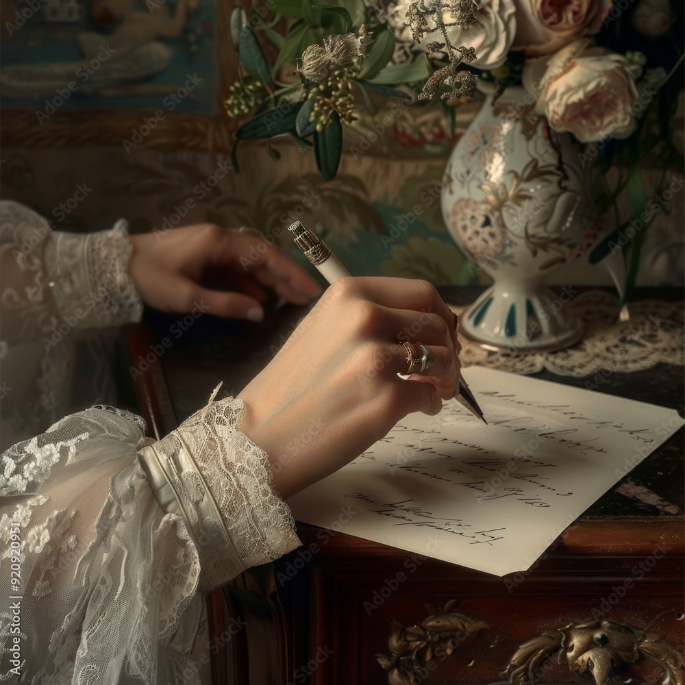 Obraz premium sharp photo a woman's hand gracefully writing a romantic letter or wedding invitation card