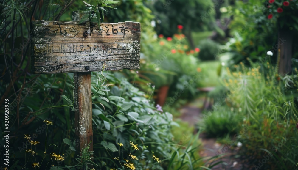 sharp photo of a wooden signboard set in a garden with a gently blurred background, emphasizing its sharp photo of a wooden signboard set in a garden with a gently blurred background, emphasizing its