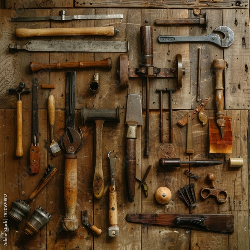 sharp top view photo of vintage carpentry tools arranged a rough wooden background