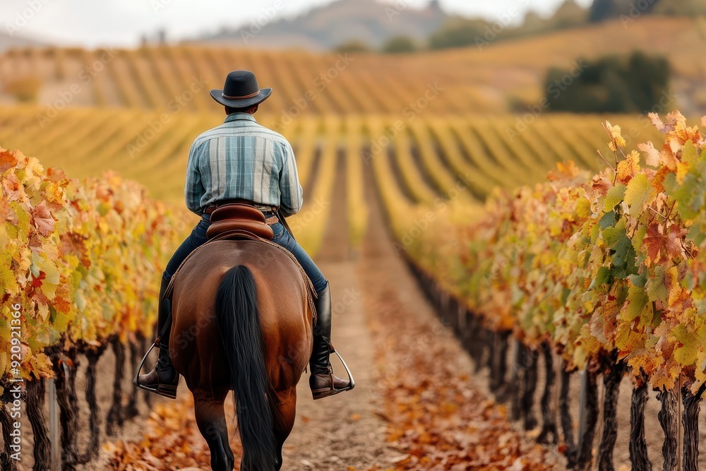 Autumn horseback riding through a vineyard, Riders trotting among rows ...
