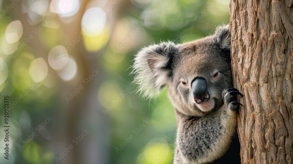 Fototapeta premium Sleepy Koala Bear Clinging to Eucalyptus Tree in Contentment