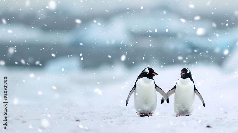 Obraz premium Adorable Penguins Waddling Across Snowy Landscape with Falling Snowflakes