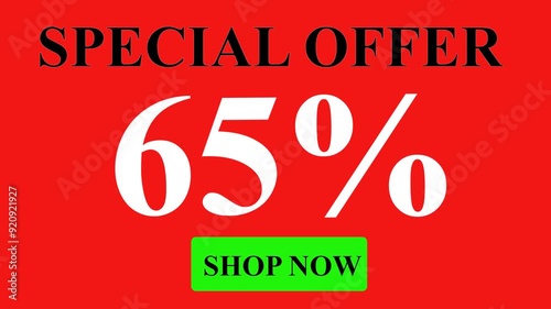 Red background with a special 65% offer, featuring a shop now button. Ideal for website promotions and advertisements photo