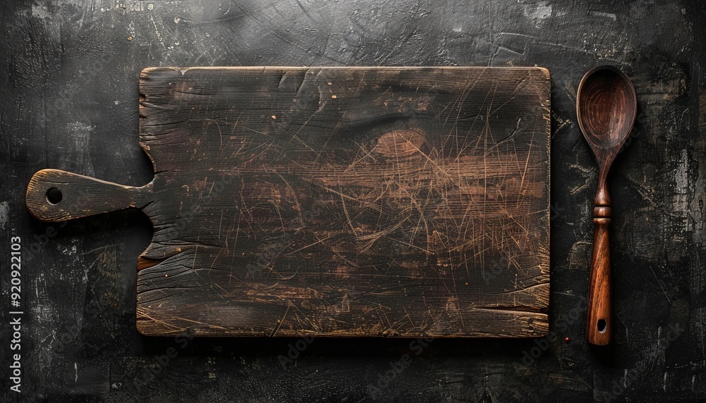 photo a dark rustic kitchen table with a wooden cutting board and cooking spoon, framing culinary photo a dark rustic kitchen table with a wooden cutting board and cooking spoon, framing culinary