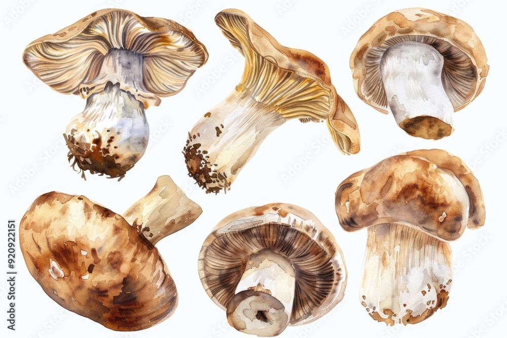 Fototapeta premium Organic Mushroom Set. Watercolor Illustration of Fresh Straw Mushrooms for Asian Cooking