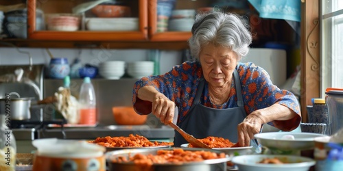 Korean grandmother making traditional dish kimchi on the kitchen