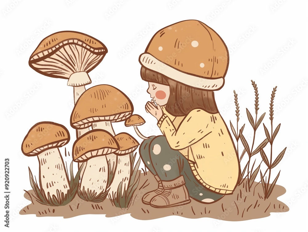 Child picking up mushrooms illustration. AI generated Child picking up mushrooms illustration. AI generated