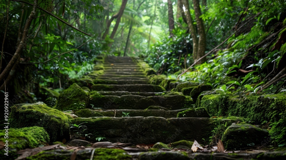 Obraz premium Moss-covered stone steps winding through a dense, dark forest with lush green foliage.