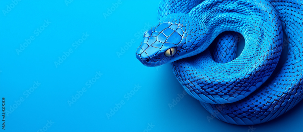 Fototapeta premium Blue snake on blue background with copy space
