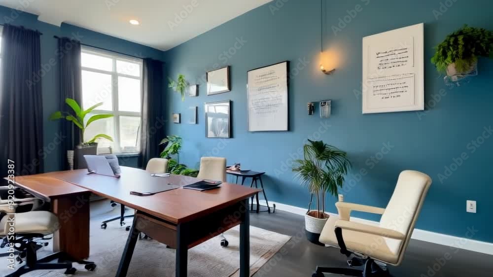 A modern office setting with a desk, plants, and natural light, promoting productivity and creativity in a comfortable environment. A modern office setting with a desk, plants, and natural light, promoting productivity and creativity in a comfortable environment.