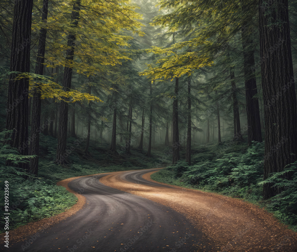 Fototapeta premium A winding road in a forest with trees on both sides
