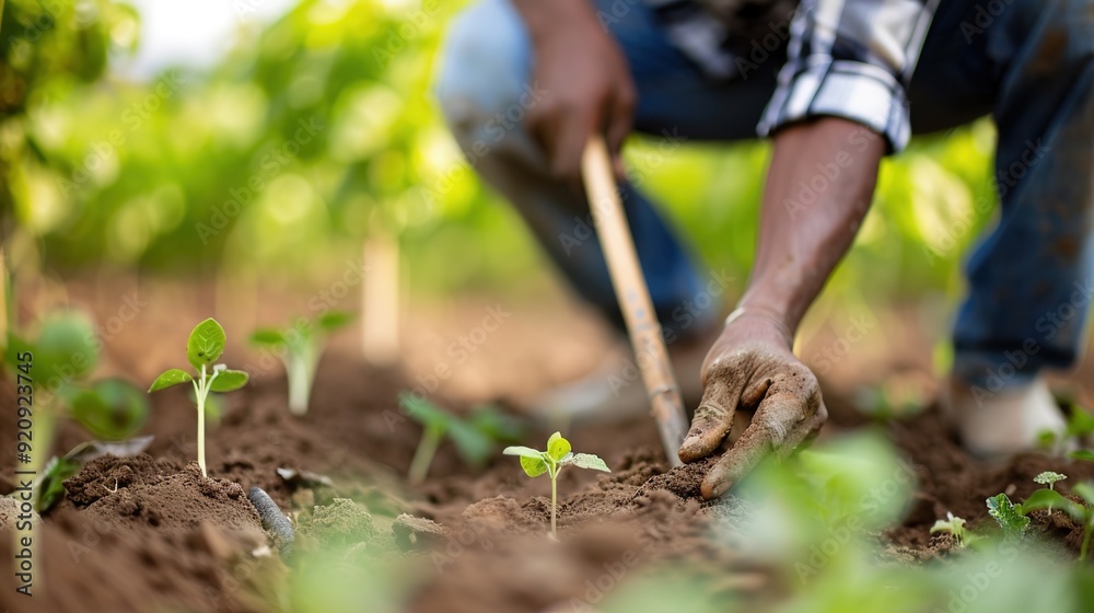 Hardworking Farmer Cultivating Soil in Lush Vegetable Garden with Hoe Hardworking Farmer Cultivating Soil in Lush Vegetable Garden with Hoe