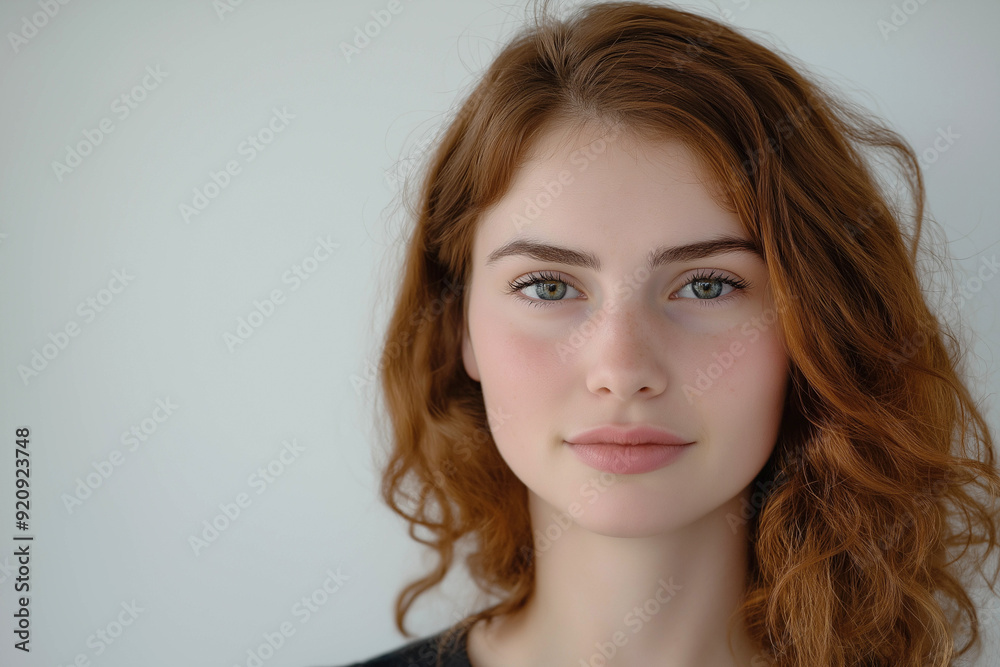 Young woman of European appearance with red hair on a white background, portrait, model photography, minimalism. medium plan. Advertising banner. Young woman of European appearance with red hair on a white background, portrait, model photography, minimalism. medium plan. Advertising banner.