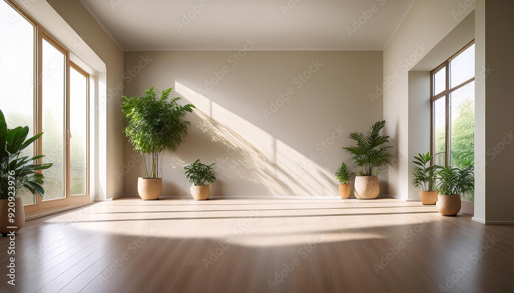 A sunlit room with empty space has sunlight streaming in through the window, and green plants placed in the corner A sunlit room with empty space has sunlight streaming in through the window, and green plants placed in the corner
