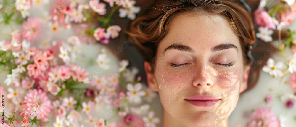 Woman with closed eyes in bathtub with water and cherry blossoms. Petals on cheeks, water droplets on face create serene atmosphere. Woman with closed eyes in bathtub with water and cherry blossoms. Petals on cheeks, water droplets on face create serene atmosphere.