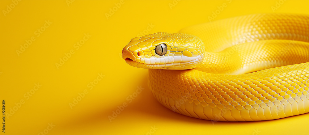 Fototapeta premium Yellow snake on yellow background with copy space