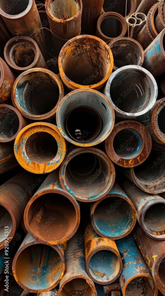 Rusty, weathered metal pipes in various sizes and orientations, covered in orange and blue rust, create a dense visual assembly in the image. Rusty, weathered metal pipes in various sizes and orientations, covered in orange and blue rust, create a dense visual assembly in the image.