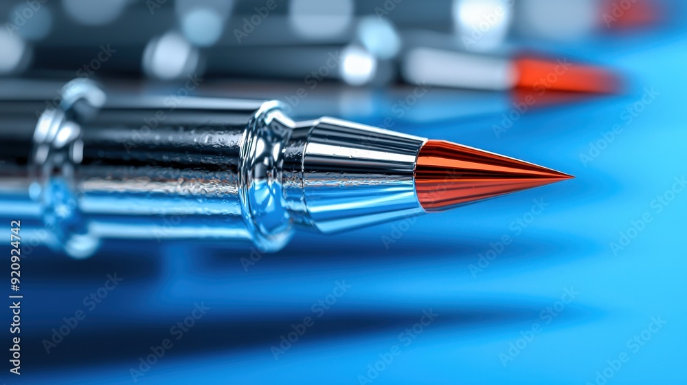 Close-up of a sleek metal pen with a vibrant red tip, showcasing its precision and elegance against a blue background. Close-up of a sleek metal pen with a vibrant red tip, showcasing its precision and elegance against a blue background.