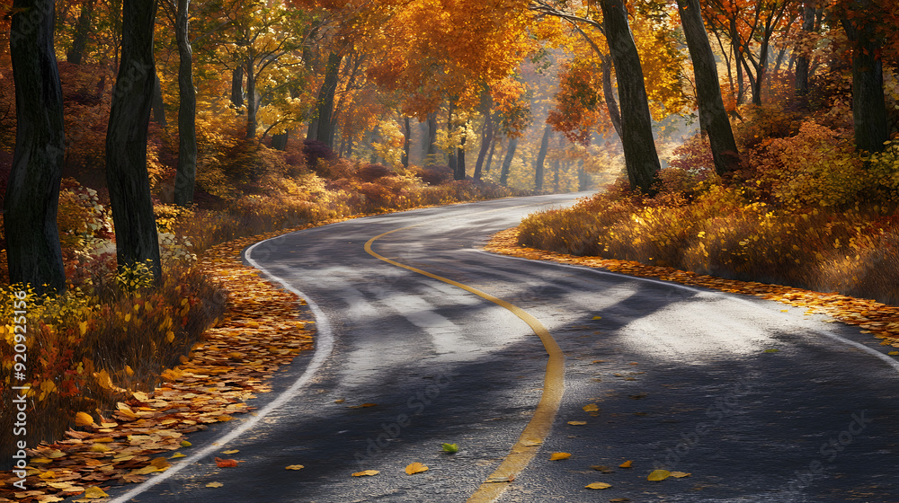 Obraz premium Autumn road through a colorful forest with leaves in shades of yellow, orange, and red, surrounded by nature and trees