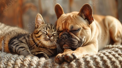 A dog and cat playfully wrestling on a couch, with the cat playfully biting the dog s ear while the dog gently nudges back photo