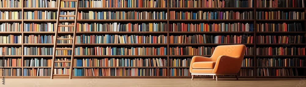 A library with floor-to-ceiling bookshelves, a comfy armchair, and a ladder, Ink Illustration, Warm Browns, Intellectual and Cozy Atmosphere A library with floor-to-ceiling bookshelves, a comfy armchair, and a ladder, Ink Illustration, Warm Browns, Intellectual and Cozy Atmosphere