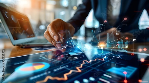 Businessman Analyzing Financial Data on Tablet.