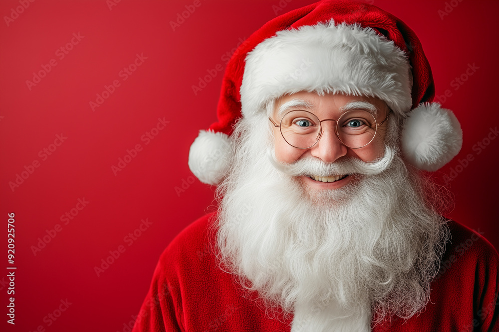 Cheerful Santa Claus with white beard laughing on red background in studio