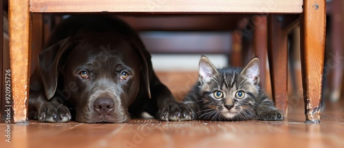 A dog and cat playing hideandseek, with the cat peeking out from behind a chair as the dog looks around playfully photo