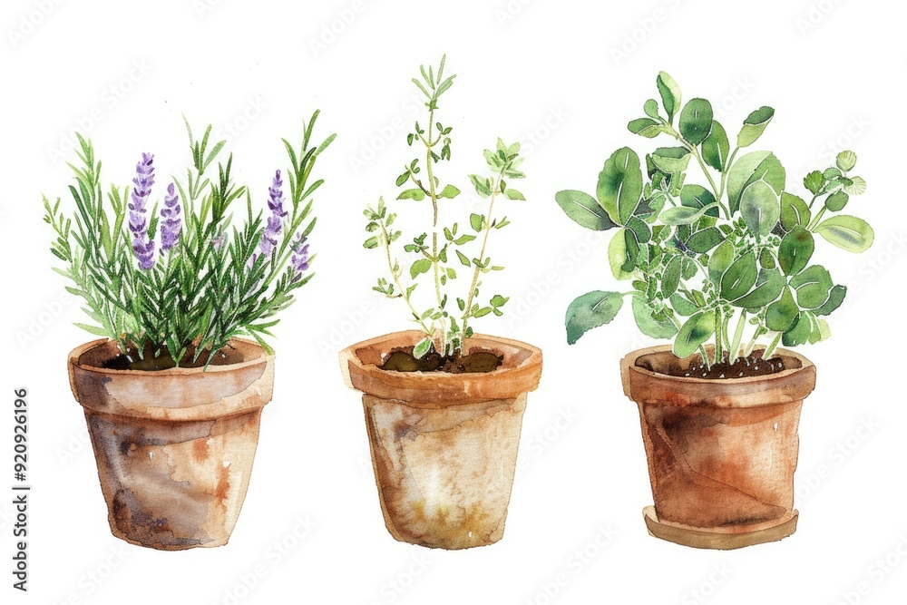 Rustic Kitchen Herbs. Watercolor Illustration of Freshly Grown Herbs in Potted Plants Rustic Kitchen Herbs. Watercolor Illustration of Freshly Grown Herbs in Potted Plants