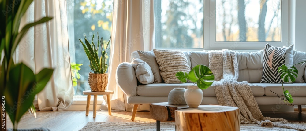 A bright living room with large windows allowing natural light to flood the space, featuring a comfortable white sofa, wooden coffee table, and indoor plants A bright living room with large windows allowing natural light to flood the space, featuring a comfortable white sofa, wooden coffee table, and indoor plants