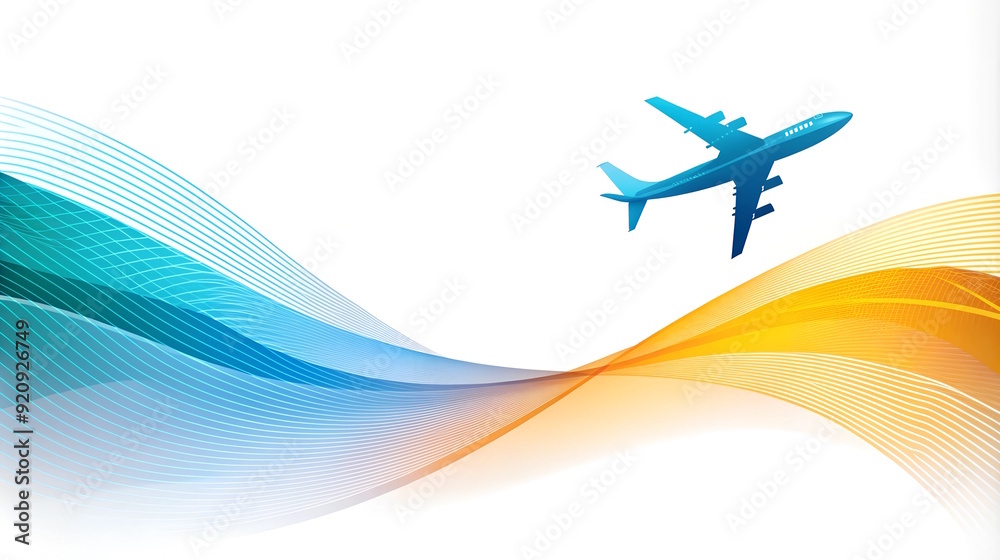 Fototapeta premium Airplane with abstract digital wavy lines, Concept of Advanced Air Travel and Communication