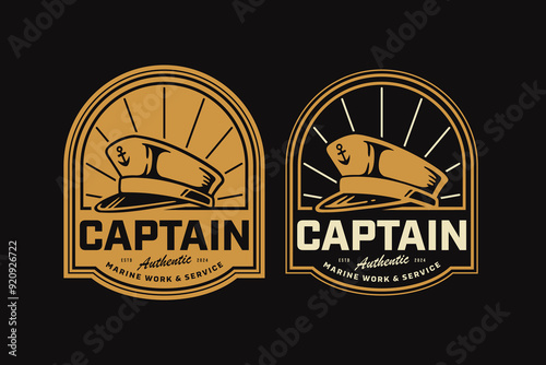 Marine skipper cap or captain hat badge logo graphic for navy shipping company brand identity. Sailor cap emblem logo collection for nautical wanderlust and adventure. Navy ship captain hat retro logo
