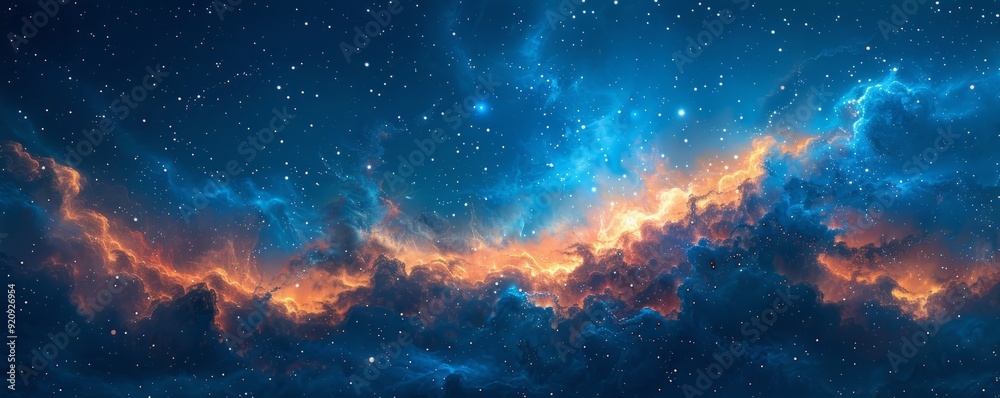 Fototapeta premium A beautiful blue sky with orange clouds and stars