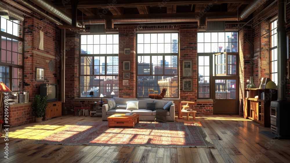 A stylish living room with light wooden floors, a white couch, and large windows that bring in abundant natural light A stylish living room with light wooden floors, a white couch, and large windows that bring in abundant natural light