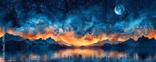 Watercolor abstract evening sky with stars and moon on white. photo