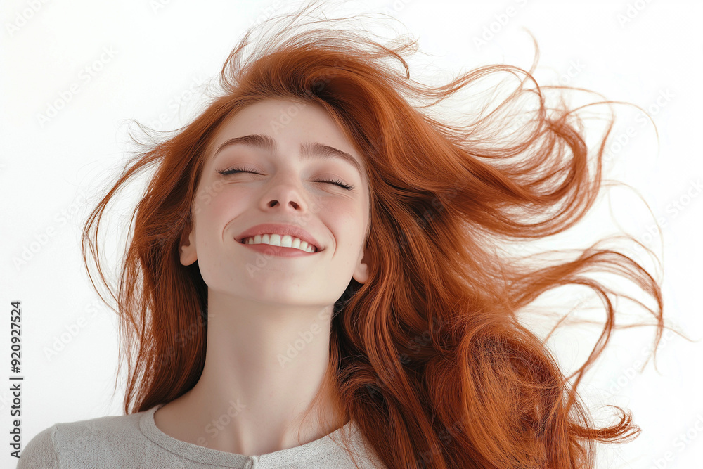 Fototapeta premium A woman with a European appearance, smiling happily, in a state of joy and delight, emotions, on a white background, medium plan. Advertising banner.